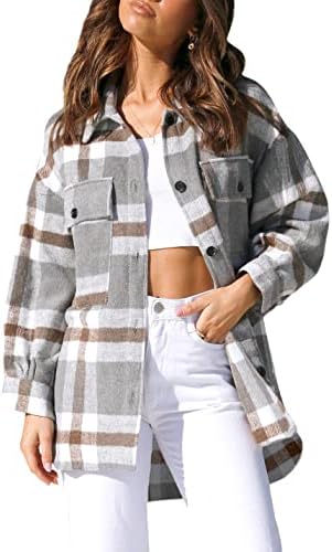 Yeokou Women’s Fall Color Block Plaid Flannel Shacket Jacket Button Down Shirt Coat Tops