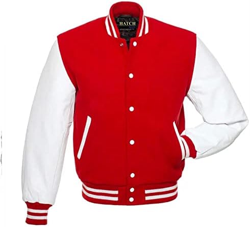 Hatch Sports Men’s Classic Varsity Letterman Jackets Genuine Leather Sleeve and Wool Blend Baseball College Varsity Jackets