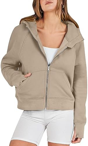 ANRABESS Women Hoodies Fleece Lined Full Zipper Sweatshirts Long Sleeve Crop Tops Clothes Sweater Thumb Hole