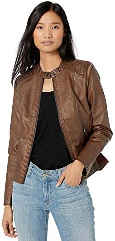 Sebby Collection Women’s Faux Leather Jacket with Moto Details and Front Zip Pockets