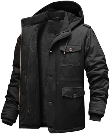 CHEXPEL Men’s Winter Jackets with Removable Hood Fleece Lined Cotton Military Work Jackets Outerwear Coats with Pockets