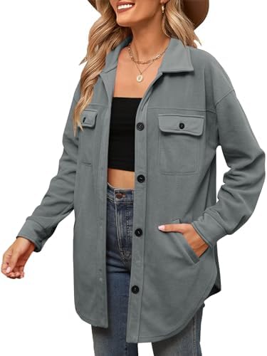 LUYAA Womens Button Down Shacket Long Sleeve Casual Shirt with Pockets Loose Collared Fuzzy Jackets