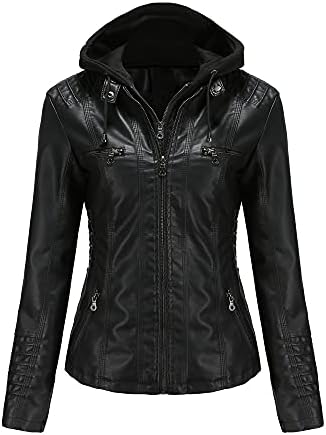GQIZLPWF Women’s Faux Leather Jacket Biker Coat with Detachable Hooded Biker Jacket Slim Fit Jacket
