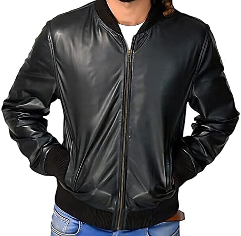Mens Black Bomber Leather Jacket Genuine Lambskin Casual Style Motorcycle Leather Jacket