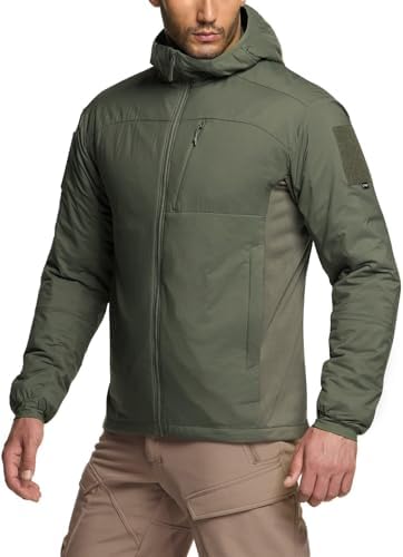 CQR Men’s Insulated Hooded Tactical Jacket, Lightweight Mid-Layer Warm Hoodie, Water Resistant Full Zip Hiking Work Coat