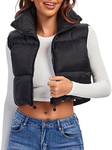 Fuinloth Women’s Padded Vest, High Stand Collar Lightweight Zip Crop Puffer Gilet