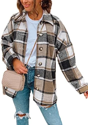 PRETTYGARDEN Women’s 2023 Fall Clothes Plaid Shacket Jacket Long Sleeve Button Down Flannel Shirts Fashion Blouse