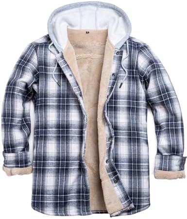 IVUMA Men’s Cotton Plaid Long Sleeve Shirts Jacket Fleece Lined Flannel Shirts Sherpa Button Down Coat with Hood