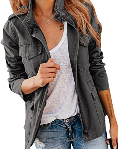 GokeJE Womens Military Jacket Zip Up Snap Buttons Lightweight Utility Anorak Field Safari Coat Outwear