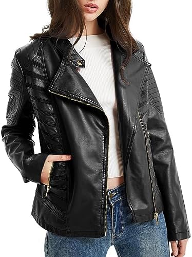 Geschallino Women’s Faux Leather Jacket Spring Fall Clothes Trendy Motorcycle Biker Coat
