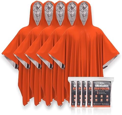 RHINO RESCUE 5 Pack Emergency Rain Poncho with Mylar Blanket Liner, Retains 90% Body Heat, Survival Blanket Raincoat for Camping, Hiking, Emergency Supplies & Survival Kits