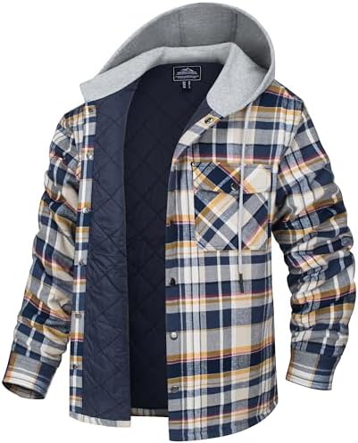 MAGCOMSEN Men’s Flannel Jacket with Hood Quilted Lined Plaid Jacket Cotton Button Down Hooded Jackets