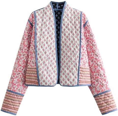 Wyeysyt Women’s Cropped Puffer Jacket Cardigan Floral Printed Lightweight Long Sleeve Open Front Short Padded Quilted Coats