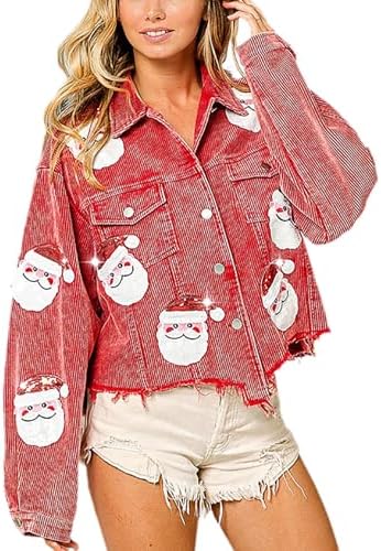 Glkaend Women’s Distressed Christmas Corduroy Jacket Santa Sequin Patch Raw Edge Button Front Outerwear Coat