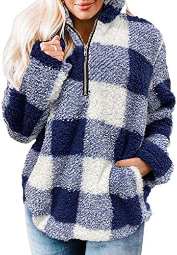 MEROKEETY Women’s Plaid Sherpa Fleece Zip Sweatshirt Long Sleeve Pullover Jacket