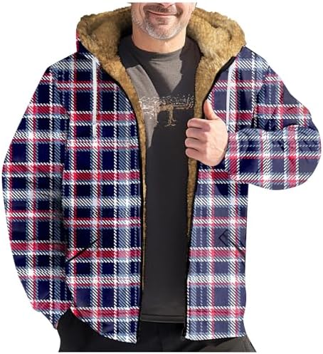 Mens Winter Coats Vintage Print Zipper Jackets Sherpa Fleece Lined Long Sleeve Coats Comfy Dressy Hoodies