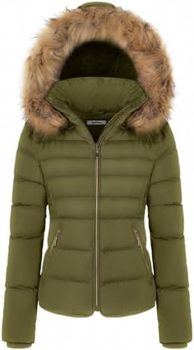 BodiLove Women’s Fur Hooded Puffer Jacket With Zipper Fleece Lining