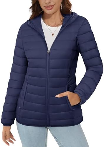 MAGCOMSEN Women’s Hooded Puffer Jacket Lightweight Quilted Padded Coat 4 Pockets Zip-up Winter Warm Outerwear
