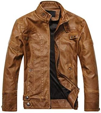 PASOK Men’s Faux Leather Jacket Vintage Stand Collar Motorcycle PU Leather Outwear Coat