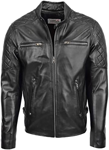 Mens Real Leather Biker Jacket Quilt Detailing Jackson