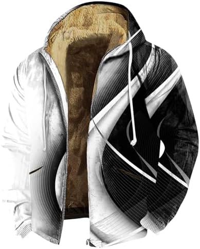Winter Coats for Men Retro Print Hoodie with Pocket Long Sleeve Coat Zip Up Sherpa Lined Outerwear Thermal Jackets