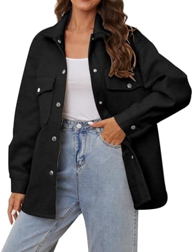 OSTOO Women’s 2023 Oversized Lightweight Long Sleeves Shacket Jacket Button Down Wool Blend Coats with Pockets