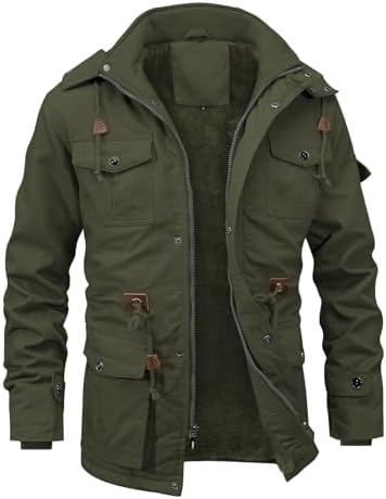 INVACHI Men’s Casual Winter Cotton Jackets Fleece Lining Military Thicken Jacket Hooded Cargo Coat