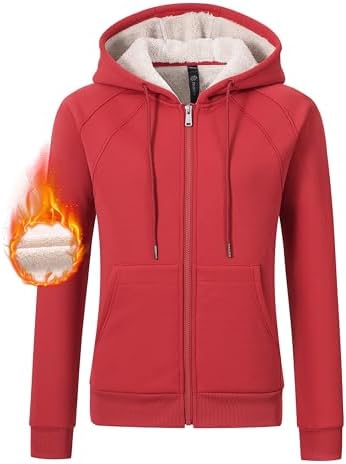 Womens Zip up Hoodie with Pockets Fleece Lined Plain Sweatshirt Winter Warm Polyester Hoodie Jacket for Women