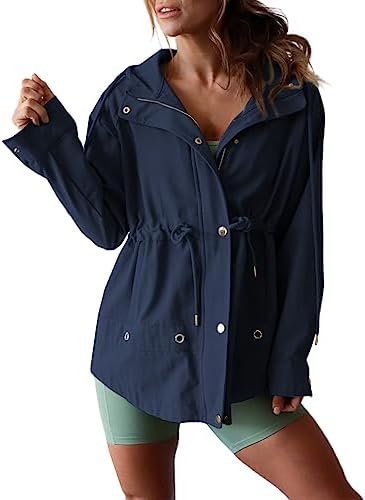 Dokotoo Womens Anorak Jacket Lightweight Snap Buttons Zip Up Hoodies Waist Drawstring Windproof Outwear with Pockets