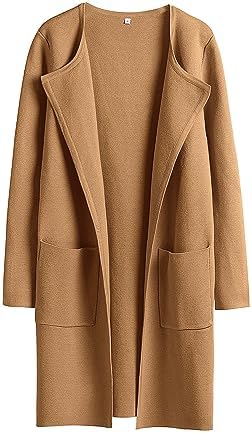 Prinbara Women’s Open Front Knit Cardigan Long Sleeve Lapel Casual Solid Classy Sweater Jacket Trench Coats