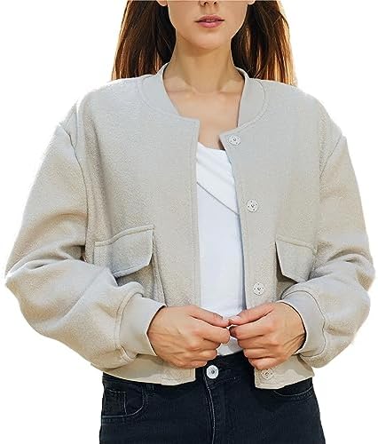 YSW Women’s Fashion Short Pilot Jacket Wool Blend Lightweight Cropped Casual Button Varsity Shacket