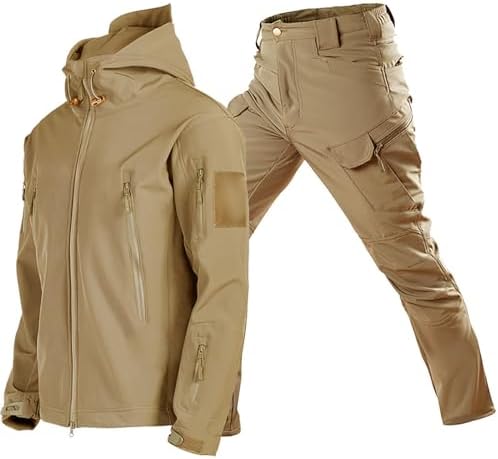ZYXTIM Men’s Survival Tactical Suits 2 Piece Waterproof Ripstop Long Sleeve Hooded Warm Combat Shirt Jacket with Cargo Pants