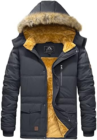 BIYLACLESEN Men’s Hooded Winter Warm Jacket Fleece Thicken Windproof Down Coat with Fur Collar Hood Snowproof Jackets