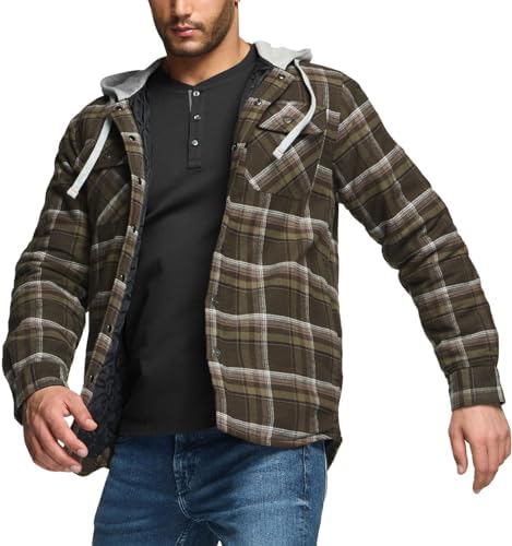 CQR Men’s Quilted Lined Flannel Hooded Shirt Jacket, Soft Warm Long Sleeve Outdoor Cotton Plaid Shirt Jackets