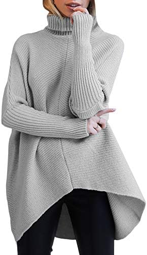 Nulibenna Womens Turtleneck Long Batwing Sleeve Knit Sweater Asymmetric Hem Chunky Pullover Winter Ribbed Tops