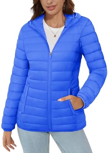 MAGCOMSEN Women’s Hooded Puffer Jacket Lightweight Quilted Padded Coat 4 Pockets Zip-up Winter Warm Outerwear