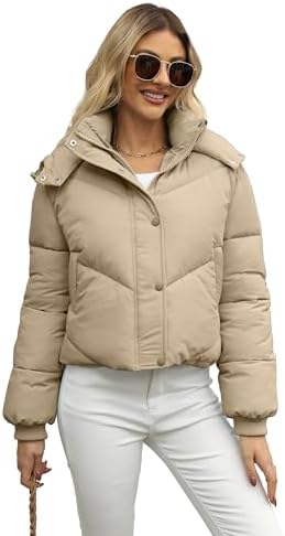 TBETNE Women’s Cropped Puffer Jacket Removable Hood Zip Up Short Thicken Wind Down Coats Outwear With Pockets