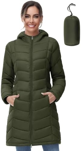 SLOW DOWN Women Lightweight Down Puffer Coat, Women Hooded Mid-Length Packable Winter Jacket with 2 Packing Bag