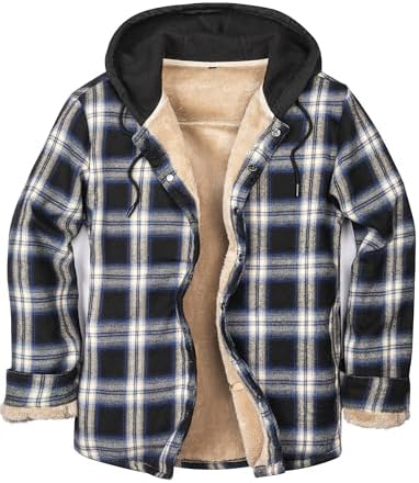 IVUMA Men’s Cotton Plaid Long Sleeve Shirts Jacket Fleece Lined Flannel Shirts Sherpa Button Down Coat with Hood