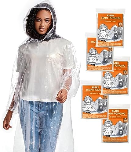 ALBRY Disposable Rain Ponchos for Adults with Drawstring Hood – Emergency Rain Ponchos Family Pack for Women and Men,Clear