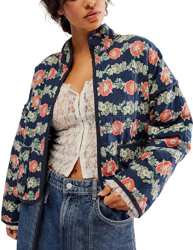 Yeokou Womens Cropped Puffer Jackets Floral Printed Cardigan Lightweight Padded Coat with Pockets