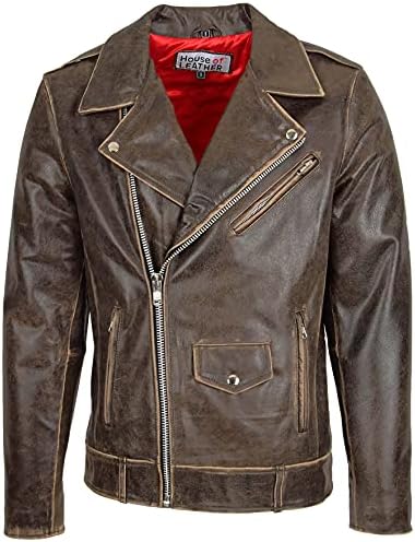 Mens Real Leather Biker Brando Design Jacket Neil Brown