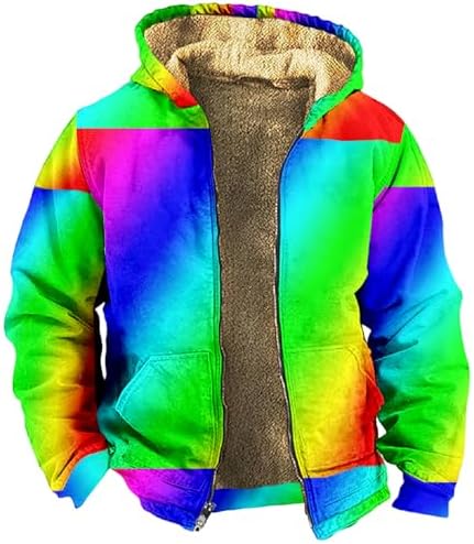 Mens Winter Jacket Winter Warm Jackets Vintage Printed Hoodies Sherpa Fleece Lined Outwear Full Zipper Coats