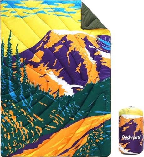 Bedvcaty Camping Blanket, Puffy Waterproof Travel Blanket, Warm Cozy Picnic Blanket, for Outdoors, Travel, and Mountain.(Mountain, 78″ x 56″)