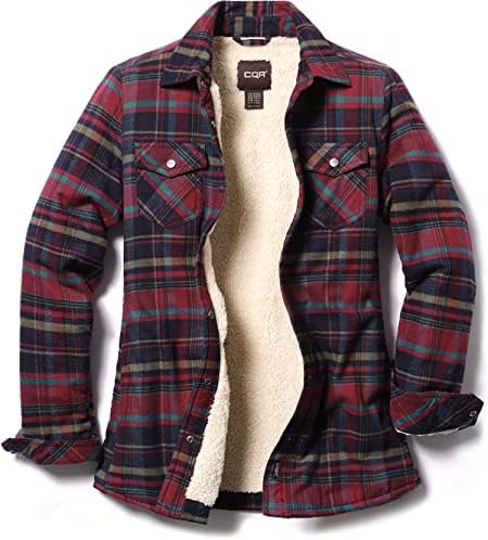 CQR Women’s Flannel Shirt Jacket, Sherpa Lined Plaid Shacket Jackets, Slim Fit Outdoor Shirt with Pockets