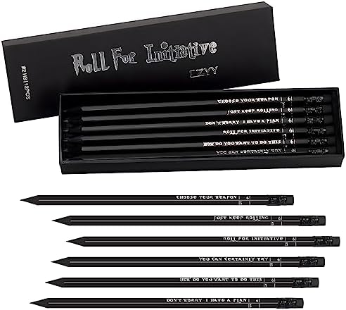 DND Pencils Set of 12 – Silver Foil Stamped with RPG Slogans & D6 Dice Numbers – Hexagon 2HB Tabletop Gaming Pencil with Eraser – Must-Have Tools, Accessories and Gifts for DM and Player (Style A)
