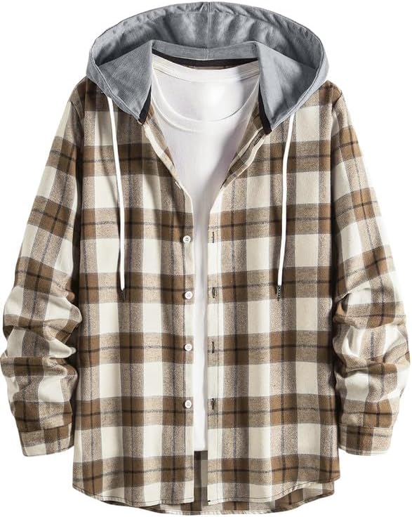 JMIERR Mens Flannels Hoodie Plaid Shirt Jackets Casual Button Down Long Sleeve Lightweight Shirts,US 38(S),0Brown