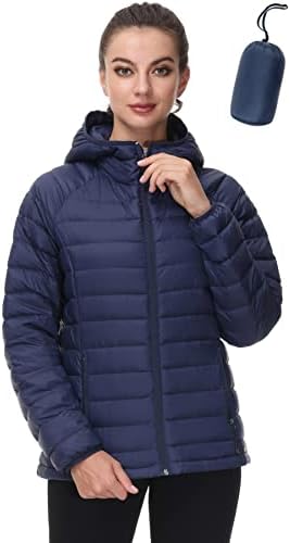 SLOW DOWN Women Lightweight Down Puffer Jacket, Women Hooded Packable Winter Jacket with 2 Packing Bag