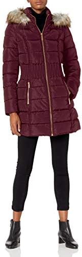 Laundry by Shelli Segal Women’s 3/4 Puffer Jacket with Zig Zag Cinched Waist and Faux Fur Trim Hood