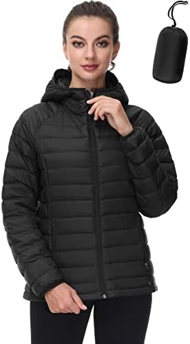 SLOW DOWN Women Lightweight Down Puffer Jacket, Women Hooded Packable Winter Jacket with 2 Packing Bag